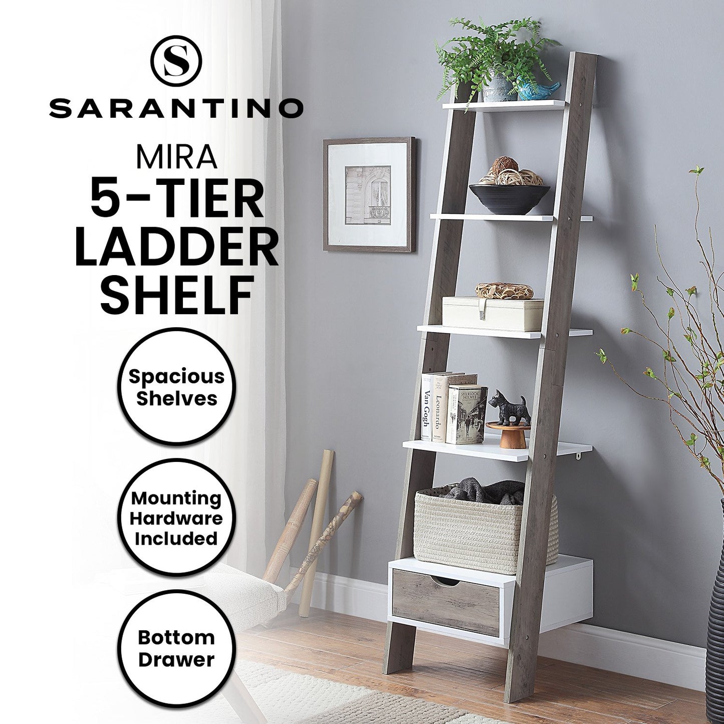 Sarantino Mira 5-tier ladder shelf with white shelves and wooden legs in a room setting.