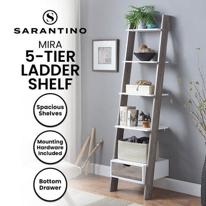 Sarantino Mira 5-tier ladder shelf with white shelves and wooden legs in a room setting.
