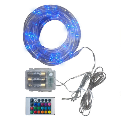 Coiled LED light strip with remote control on a white background