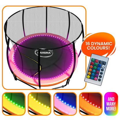 LED trampoline with remote control and color options displayed