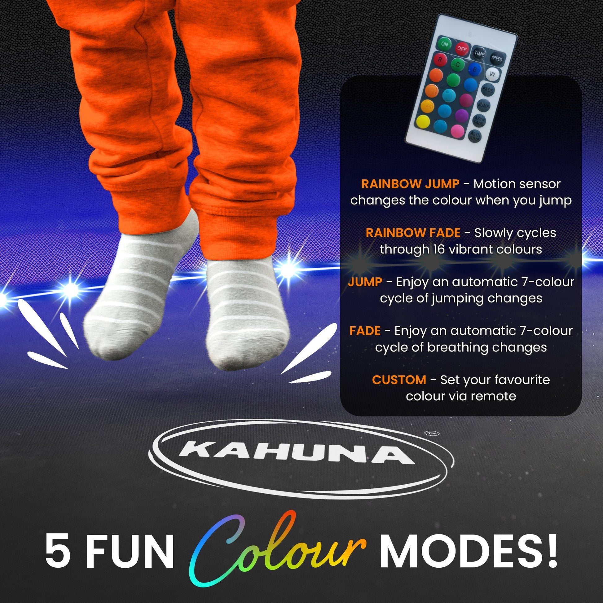 Person wearing orange pants and white socks with a remote control and color options on a dark background, featuring the Kahuna brand.