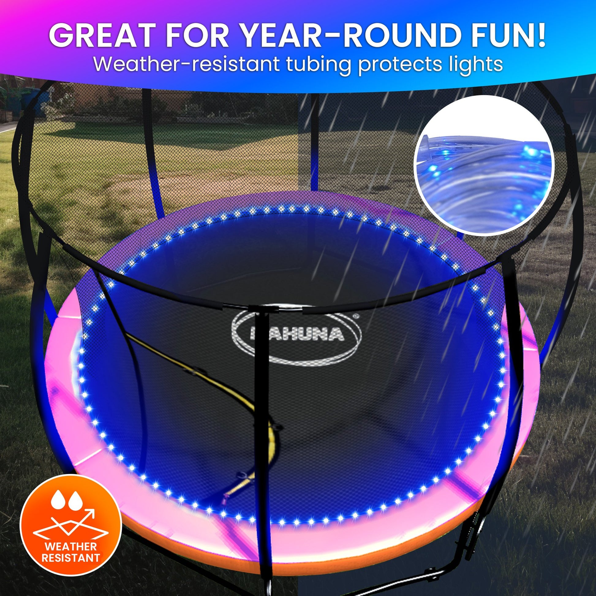 Trampoline with LED lights and weather-resistant tubing, suitable for year-round use.