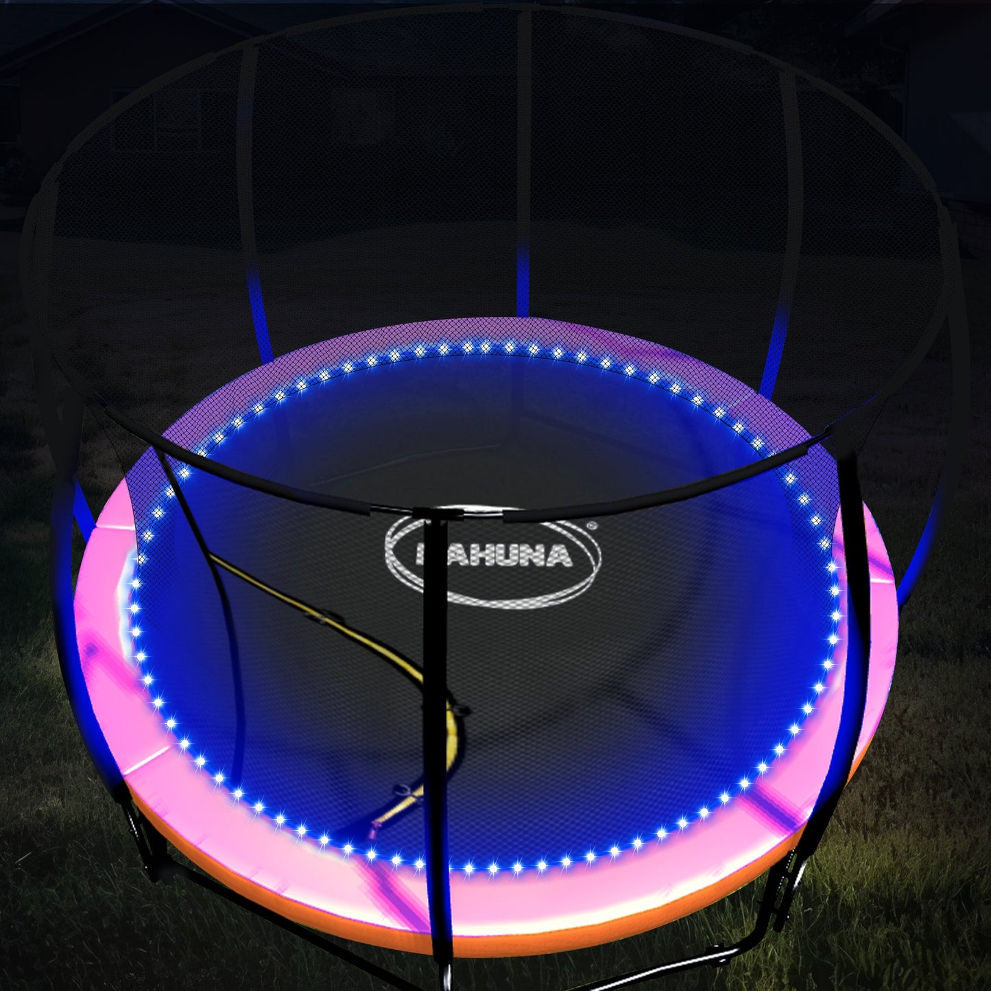 Trampoline with LED lights on a dark background
