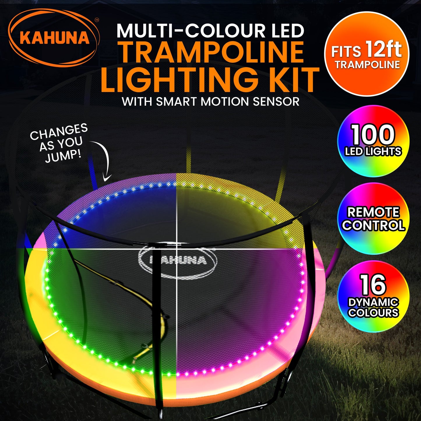 Kahuna multi-colour LED trampoline lighting kit with smart motion sensor on a dark background