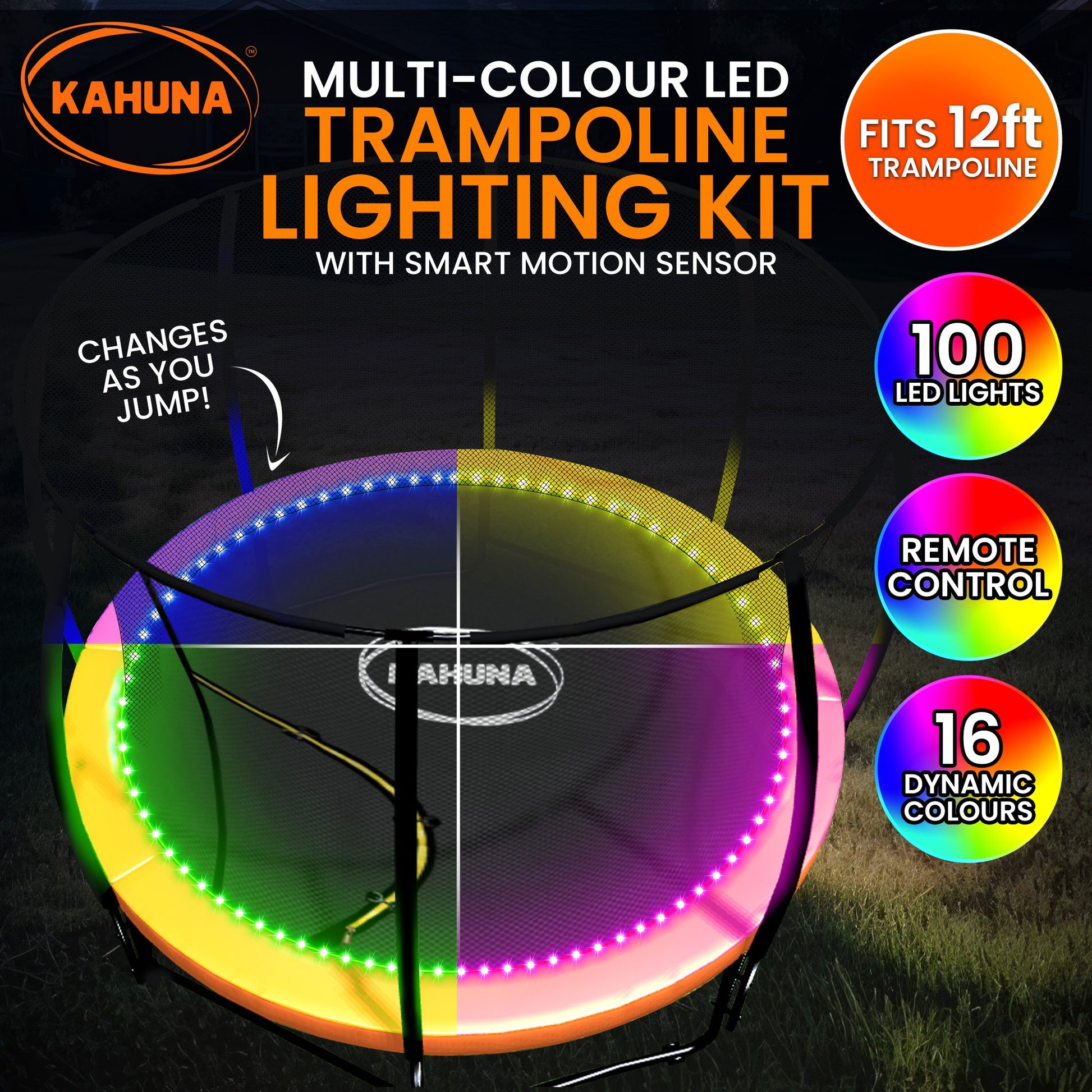 Kahuna multi-colour LED trampoline lighting kit with smart motion sensor on a dark background