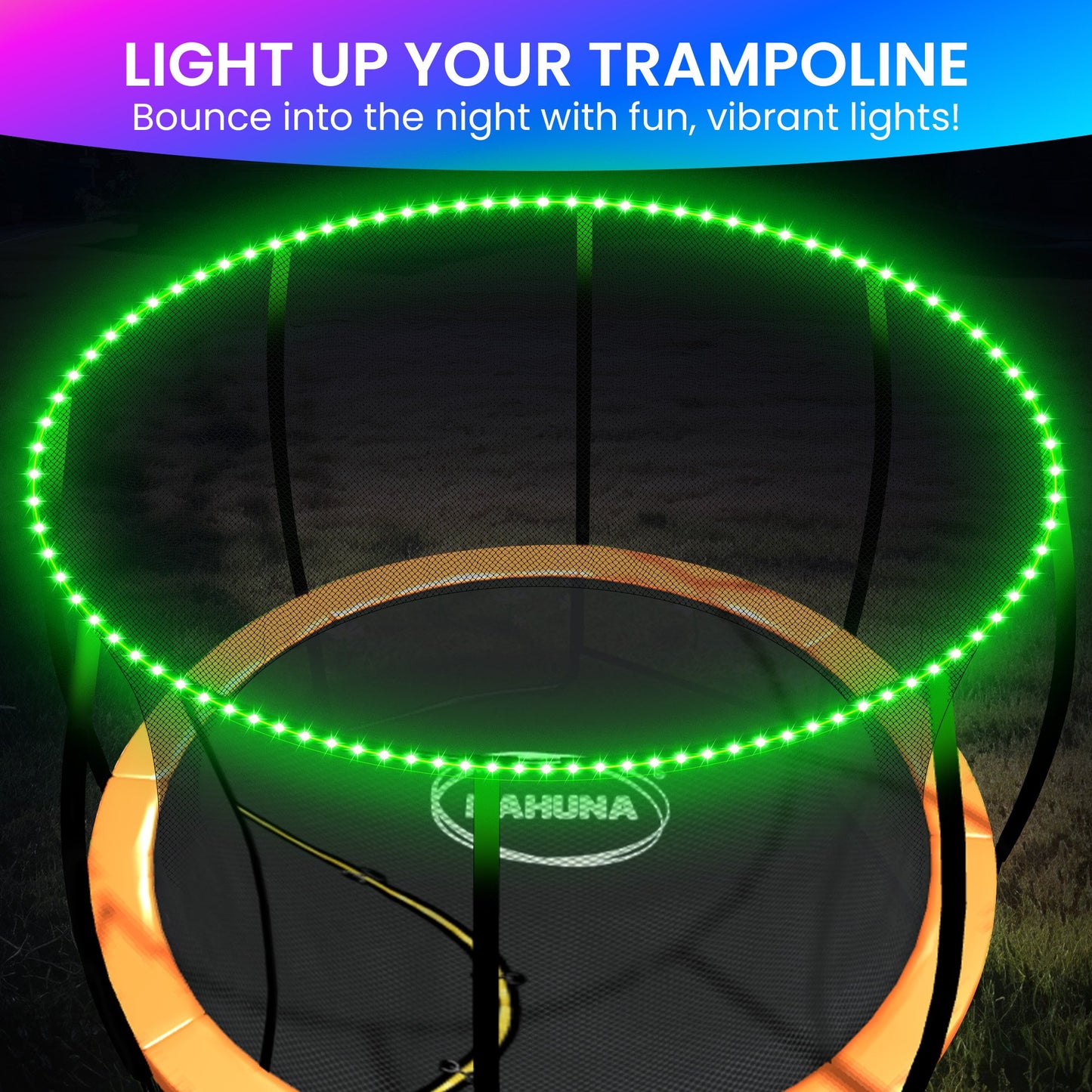 Trampoline with green LED lights around it, featuring the brand 'Bahauna'.