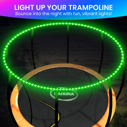Trampoline with green LED lights around it, featuring the brand 'Bahauna'.