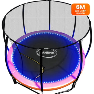 LED-lit trampoline with '6M LED STRIP LENGTH' label on a white background