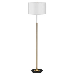 A Sarantino metal floor lamp with a brushed brass finish and a white linen shade, standing upright against a white background.