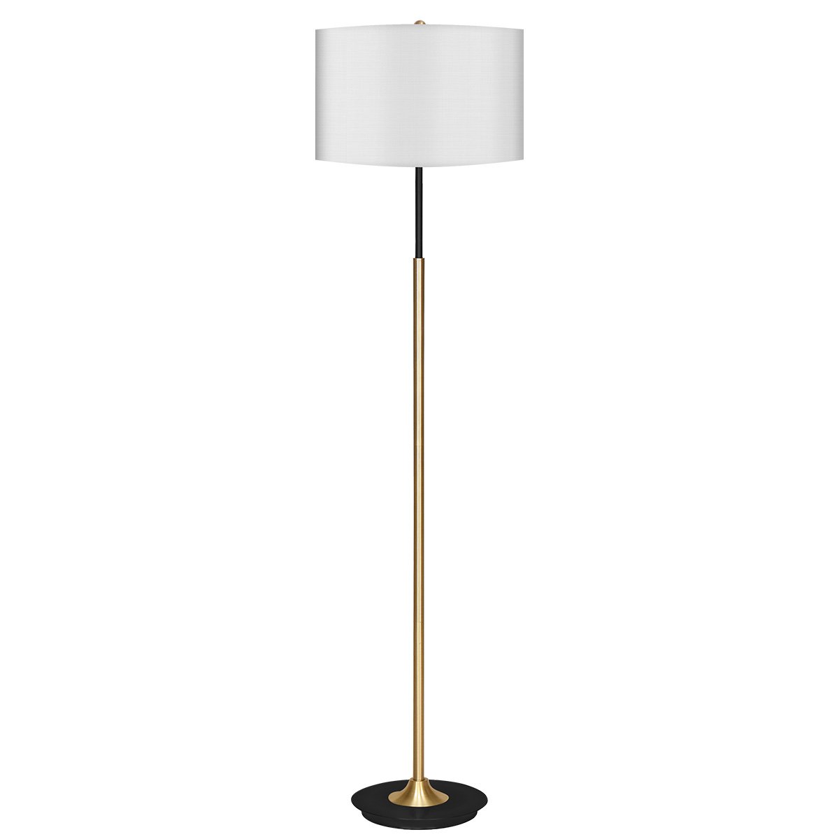 A Sarantino metal floor lamp with a brushed brass finish and a white linen shade, standing upright against a white background.