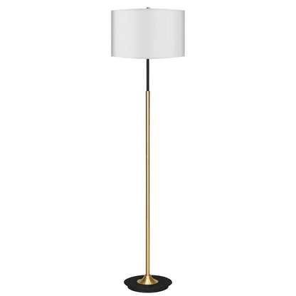 A Sarantino metal floor lamp with a brushed brass finish and a white linen shade, standing upright against a white background.