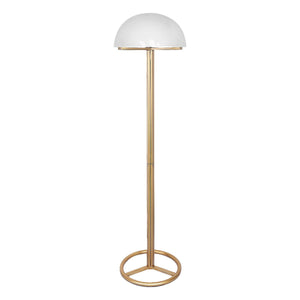 A Sarantino metal floor lamp with a white acrylic shade and antique gold stand.