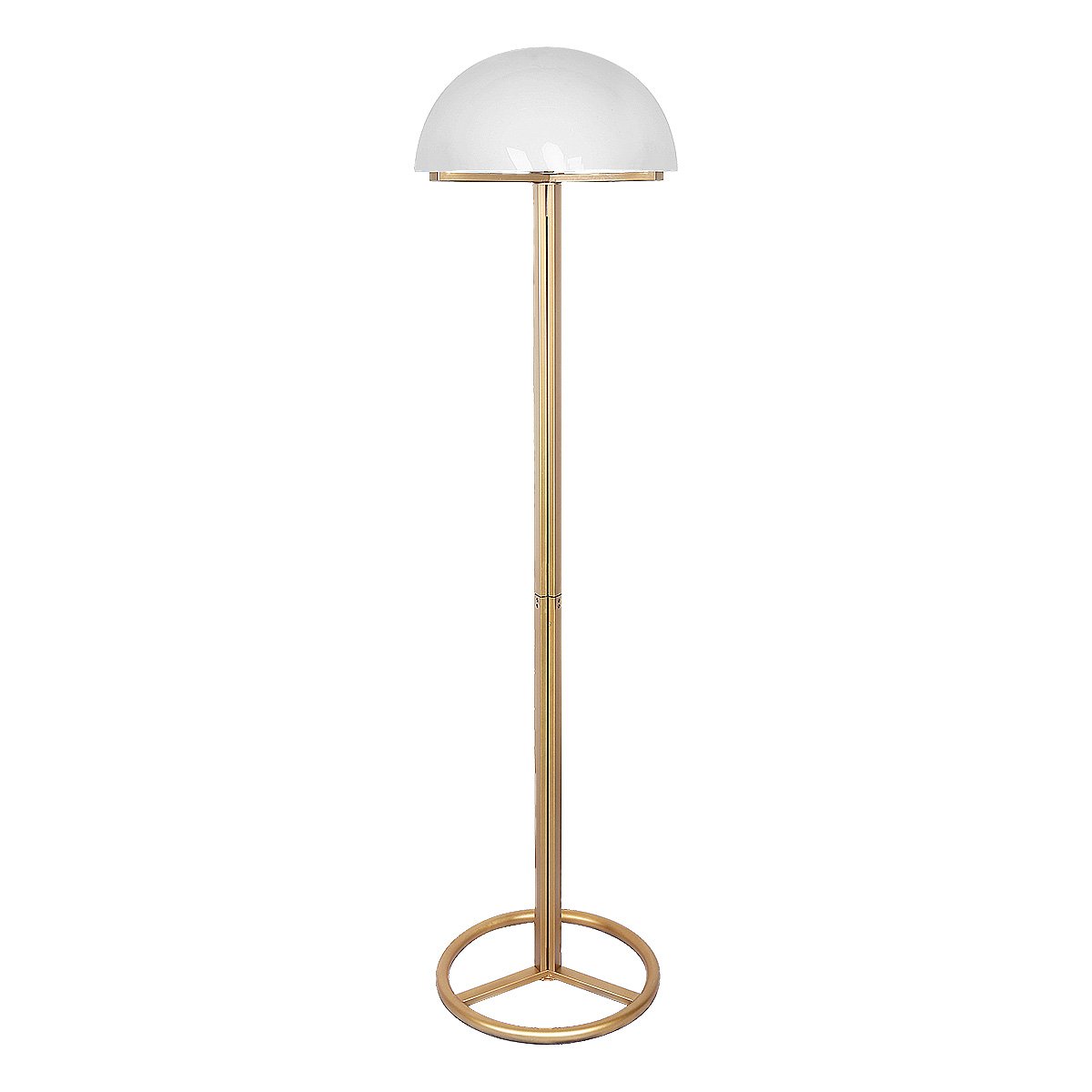 A Sarantino metal floor lamp with a white acrylic shade and antique gold stand.