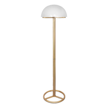 A Sarantino metal floor lamp with a white acrylic shade and antique gold stand.