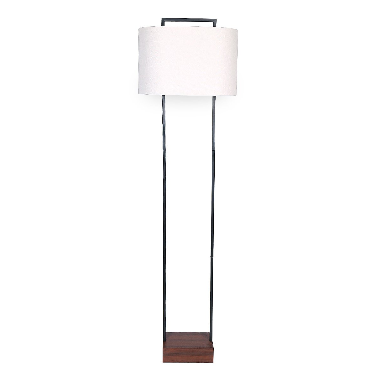 A Sarantino wood floor lamp with a cherry finish base and a white oval shade.