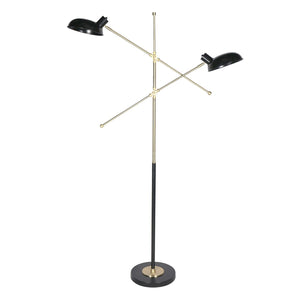 An adjustable two-light floor lamp with a black and gold finish and double adjustable arms.