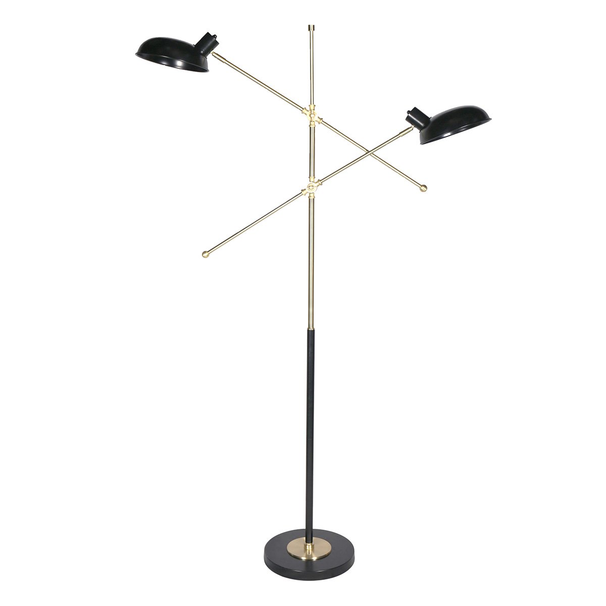 An adjustable two-light floor lamp with a black and gold finish and double adjustable arms.