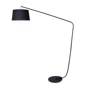 Black floor lamp with a curved arm on a white background