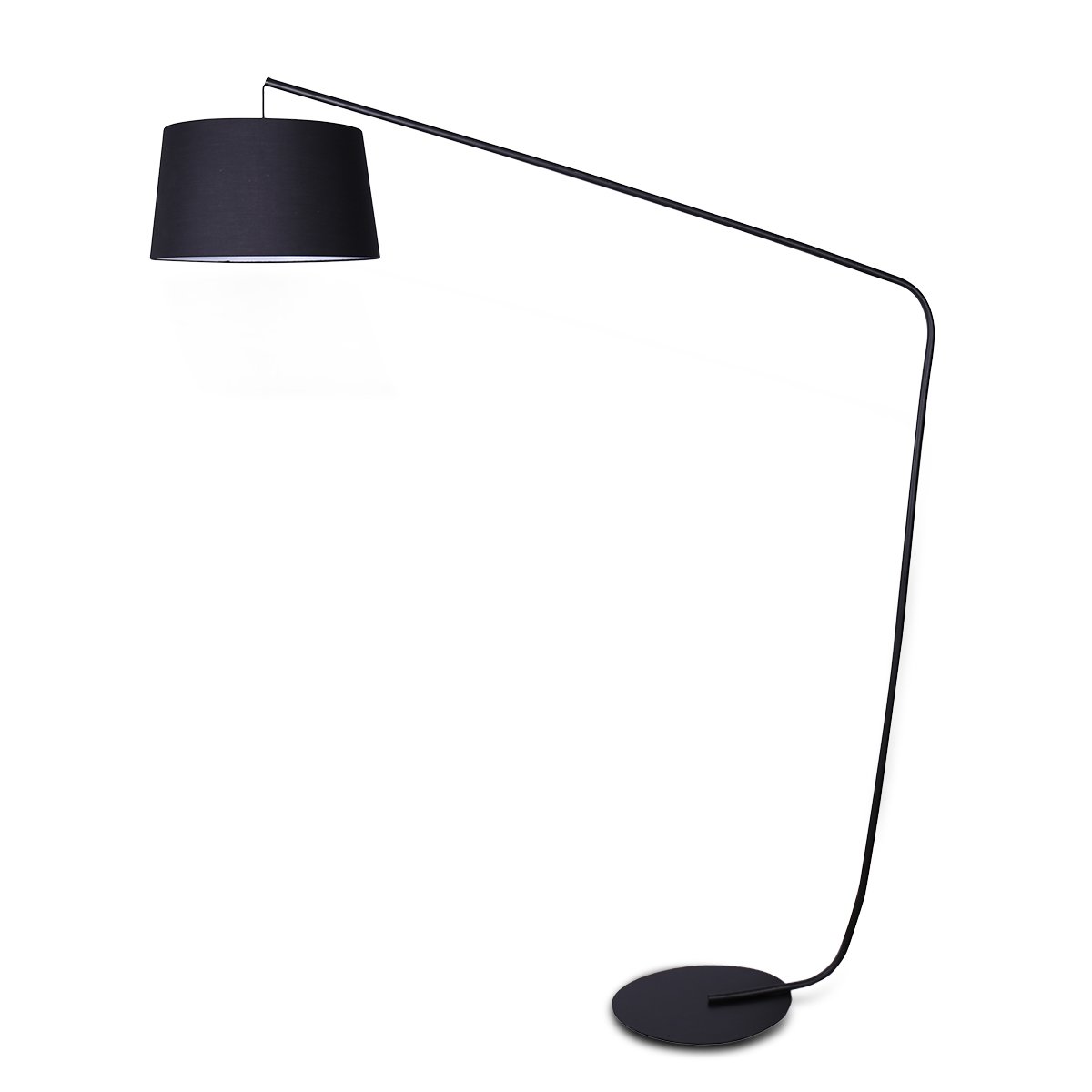 Black floor lamp with a curved arm on a white background