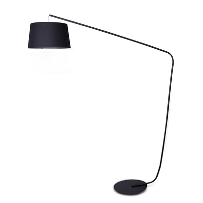 Black floor lamp with a curved arm on a white background