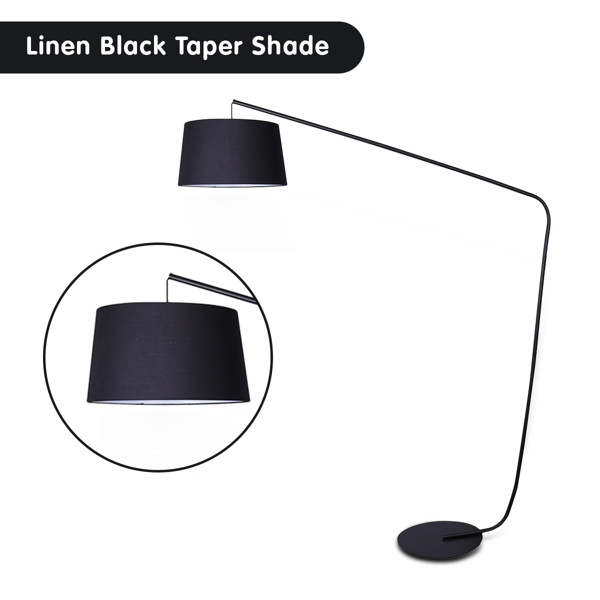 Black floor lamp with linen black taper shade on a white background