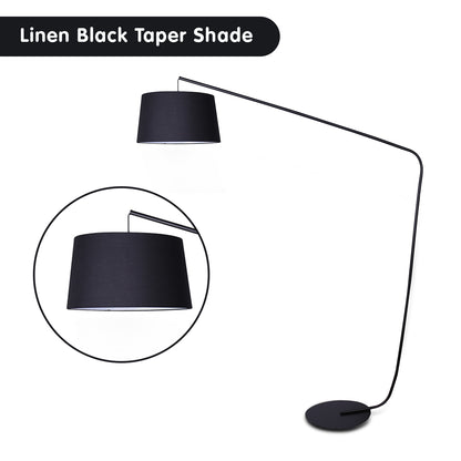 Black floor lamp with linen black taper shade on a white background