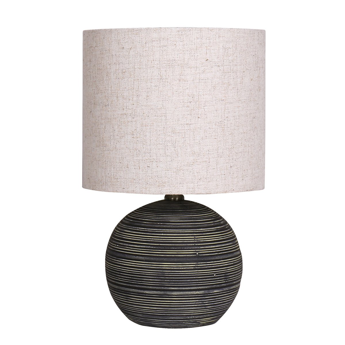 A ceramic table lamp with a striped pattern in antique black color, topped with a beige drum shade.
