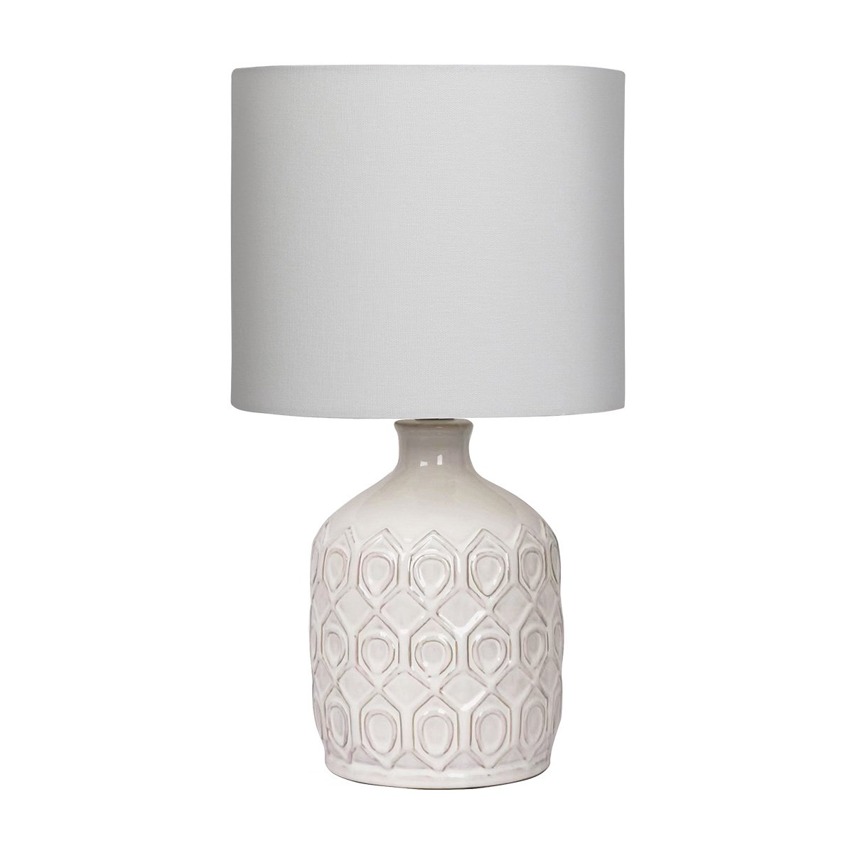 Table lamp with textured white base and gray shade on a white background