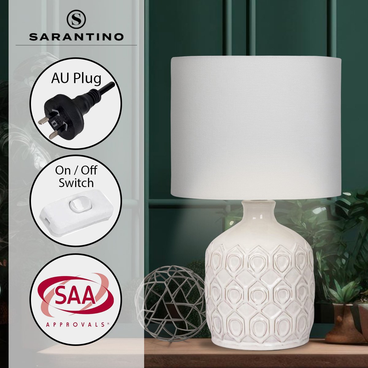 White textured table lamp with geometric design on a wooden surface, featuring Sarantino branding and product features.