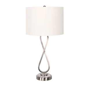 A contemporary metal table lamp with a nickel finish and a white linen drum shade on a round metal base.