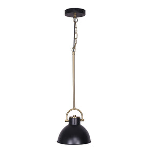 A contemporary style pendant light with a matte black shade and brushed gold finish metal canopy and chain.