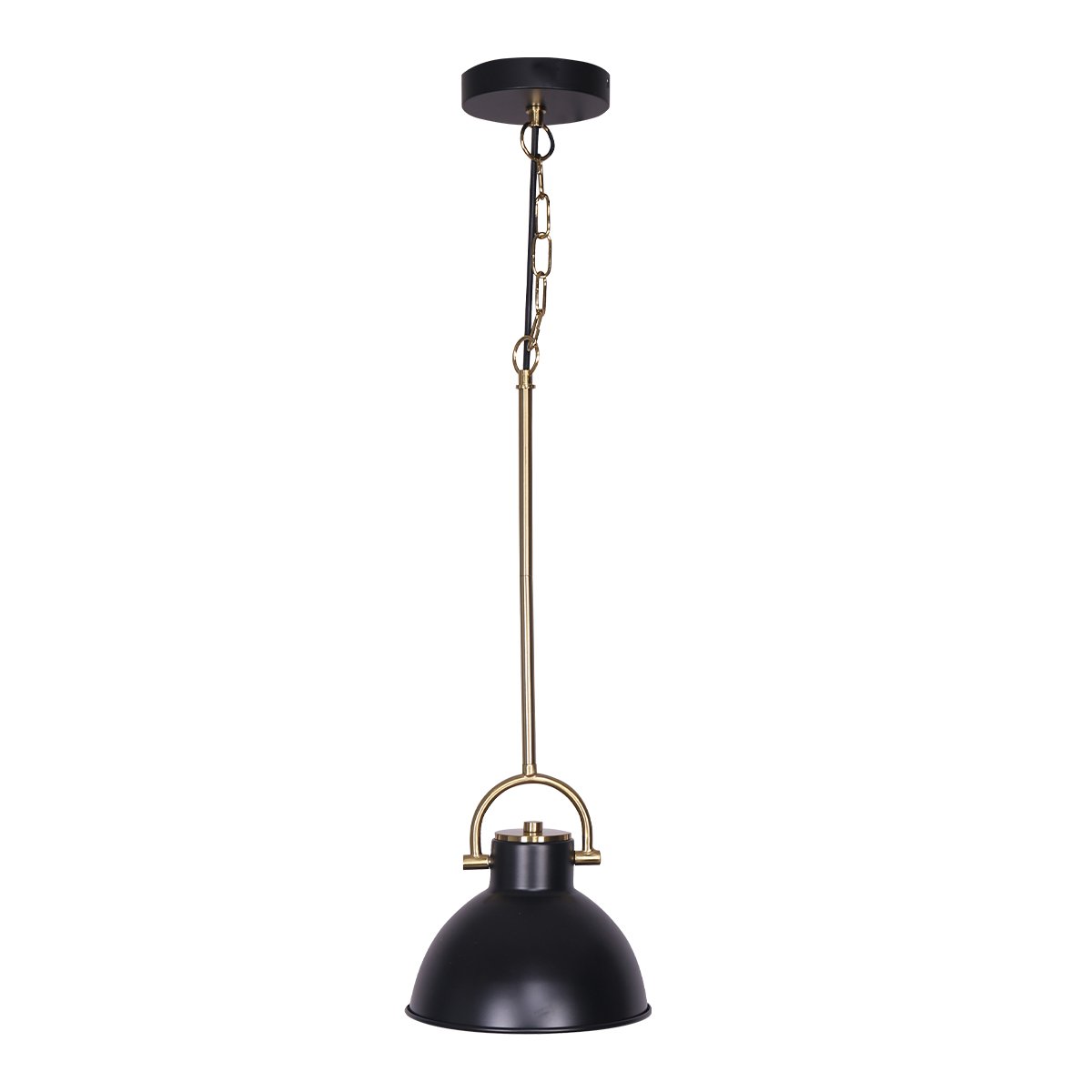 A contemporary style pendant light with a matte black shade and brushed gold finish metal canopy and chain.