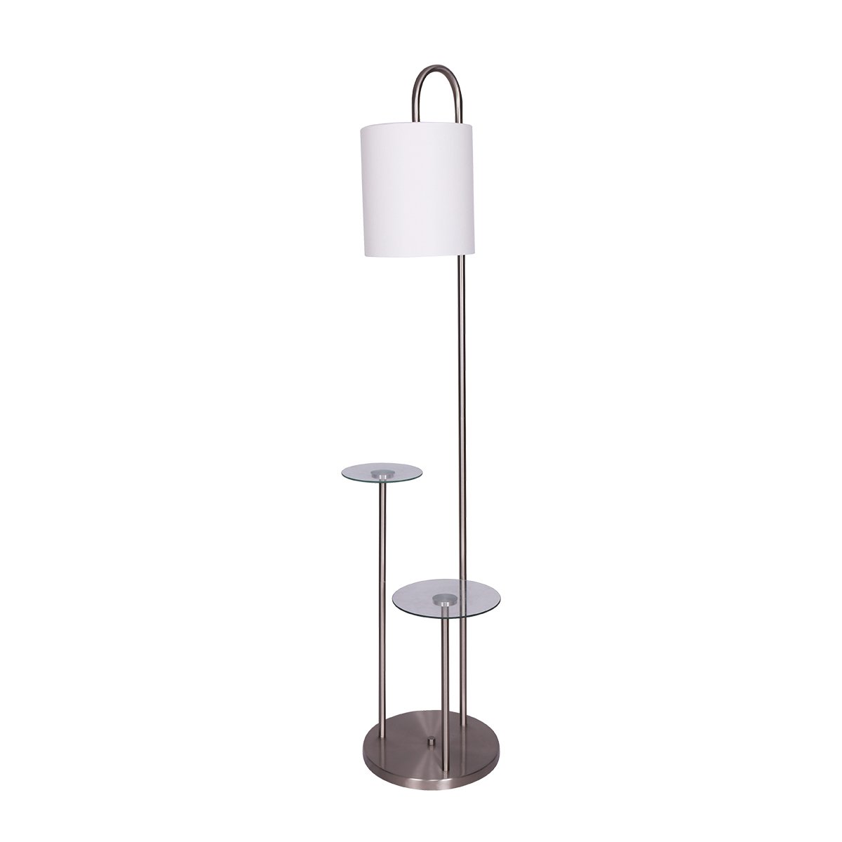 A sleek modern floor lamp with a brushed steel finish, clear glass tabletops, and a textured white fabric drum shade.