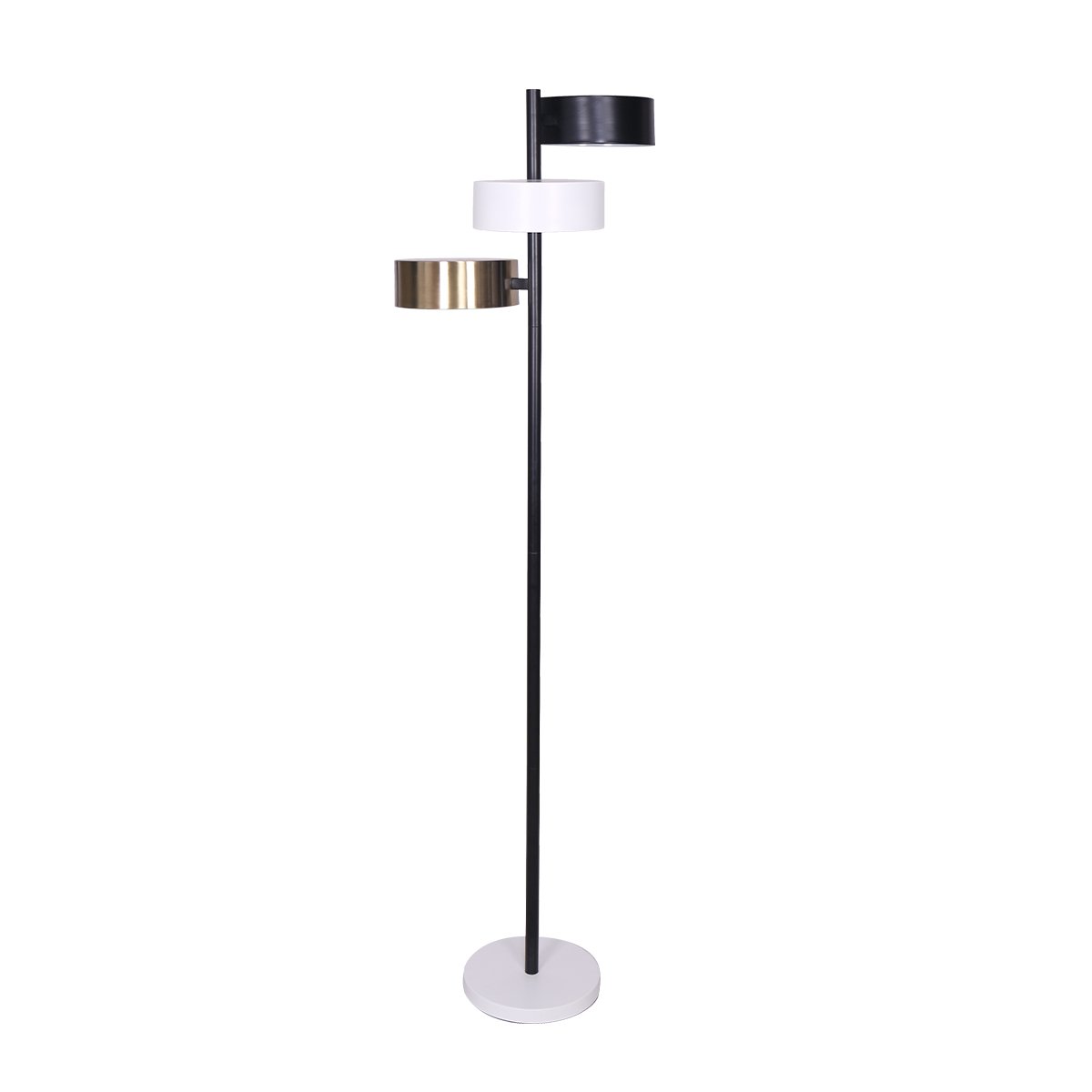 A Sarantino metal floor lamp with three cylinder shades in black, white, and gold finishes.