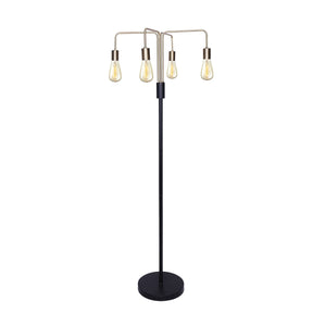 A modern industrial style floor lamp with a metal base and four exposed bulb holders on branches, finished in antique brass and matte black.