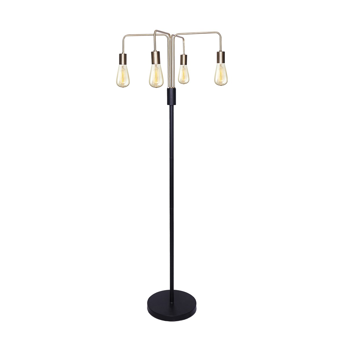 A modern industrial style floor lamp with a metal base and four exposed bulb holders on branches, finished in antique brass and matte black.