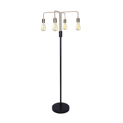 A modern industrial style floor lamp with a metal base and four exposed bulb holders on branches, finished in antique brass and matte black.
