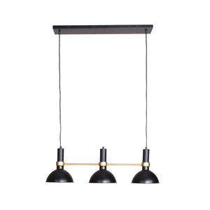A retro-style pendant lamp with three light shades hanging from a central rectangular fixture, with adjustment wires and a gold accent.