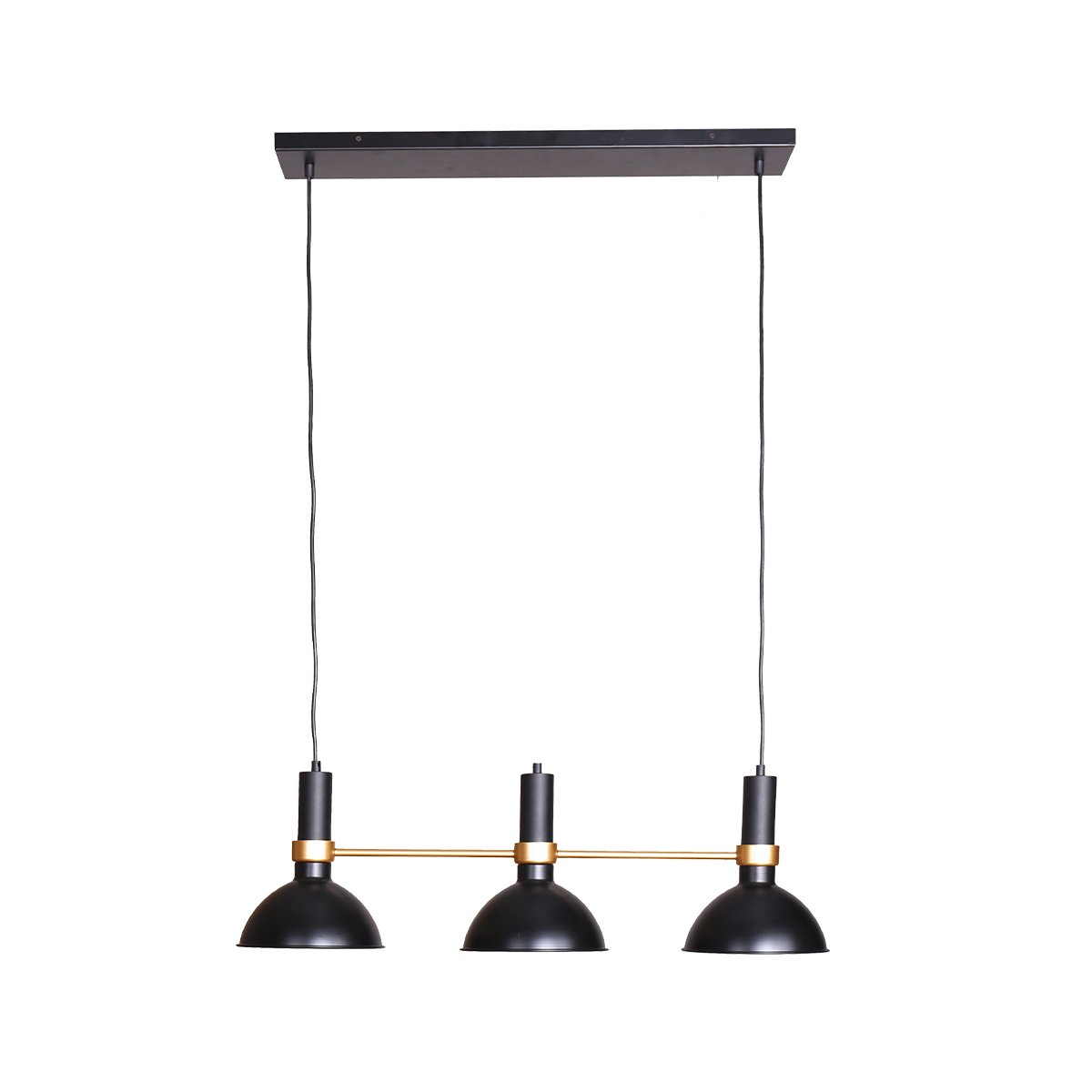 A retro-style pendant lamp with three light shades hanging from a central rectangular fixture, with adjustment wires and a gold accent.
