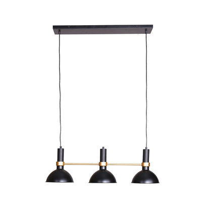 A retro-style pendant lamp with three light shades hanging from a central rectangular fixture, with adjustment wires and a gold accent.