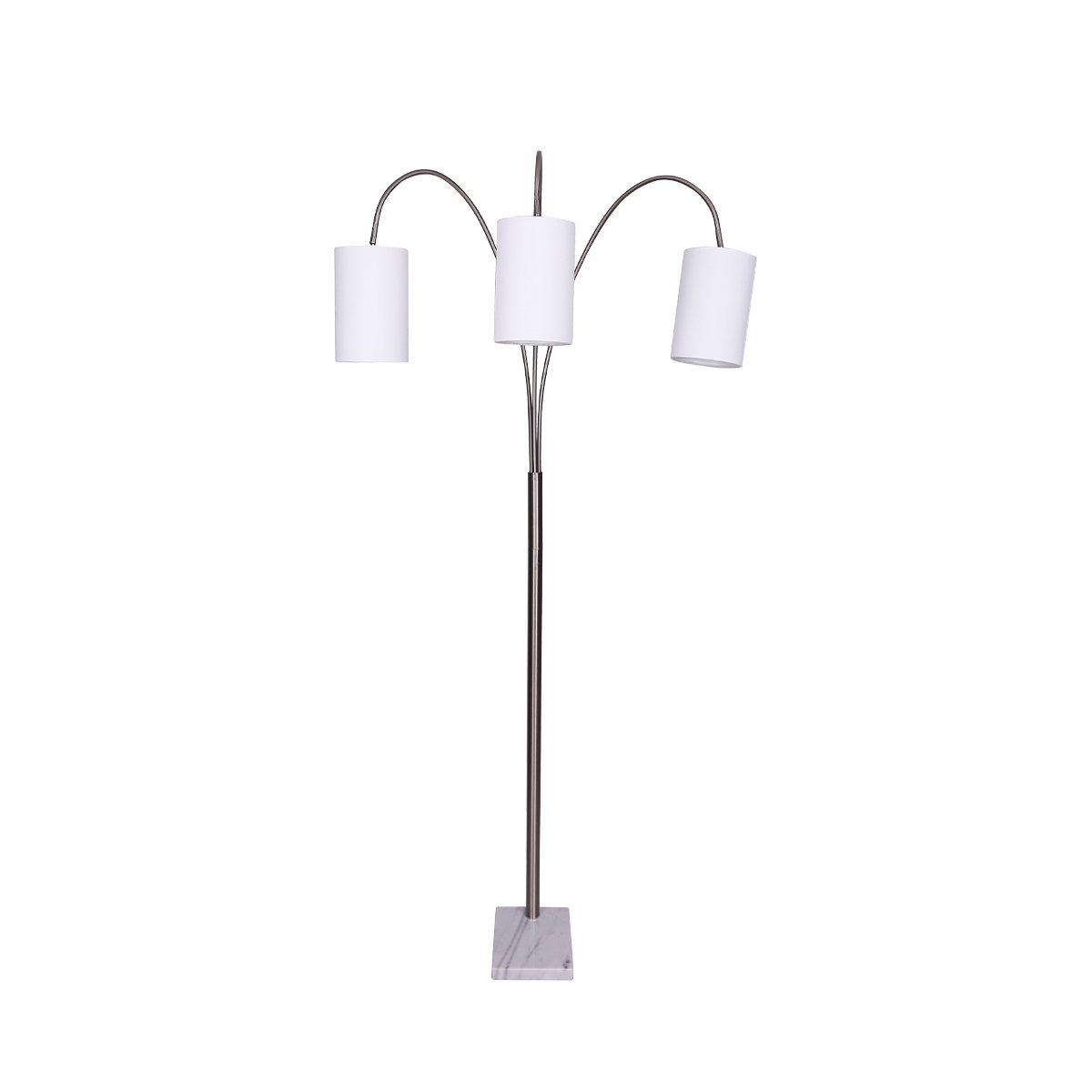 A 3-arm arc floor lamp with a brushed steel finish and a white marble base, providing overhead lighting.