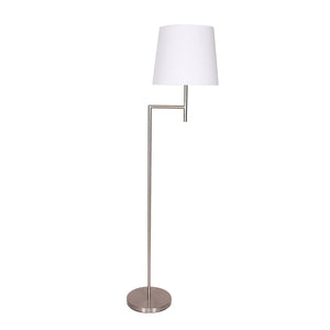 A modern floor lamp with a nickel finish and a white tapered shade, standing upright with a visible weighted base.
