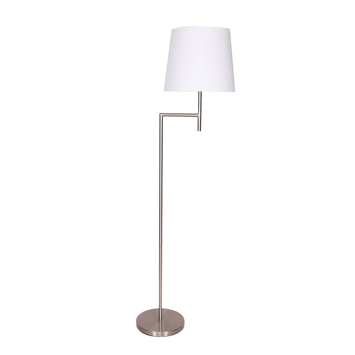 A modern floor lamp with a nickel finish and a white tapered shade, standing upright with a visible weighted base.