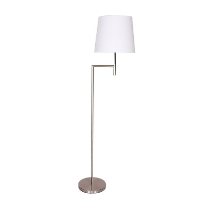 A modern floor lamp with a nickel finish and a white tapered shade, standing upright with a visible weighted base.
