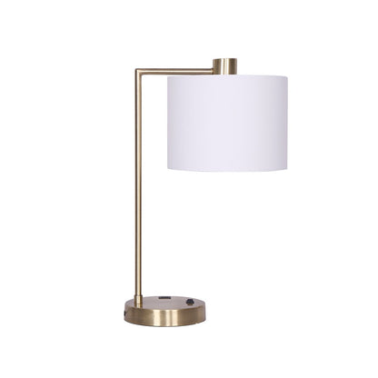 A metal task lamp with a white fabric shade and antique brass finish base, featuring a USB charging port.