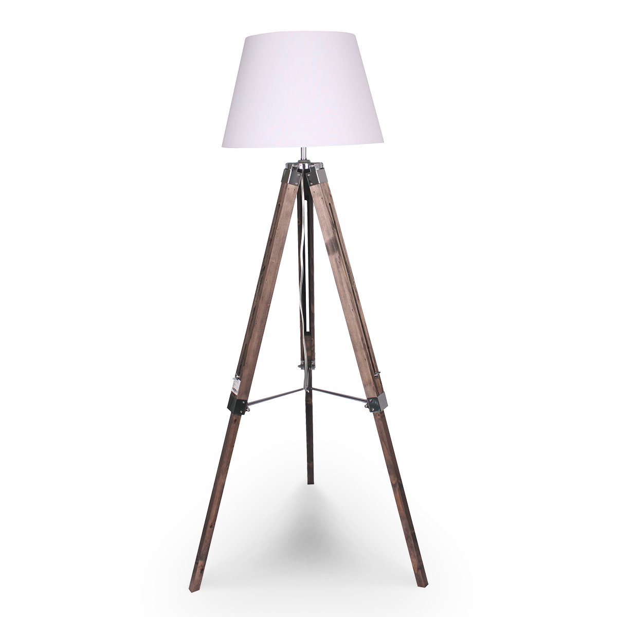 A tripod floor lamp with a white lampshade, solid wood tripod base, and metal fittings.