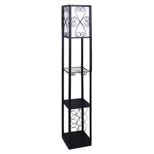 A tall freestanding black metal floor lamp with wine holder shelves and scrollwork detail.