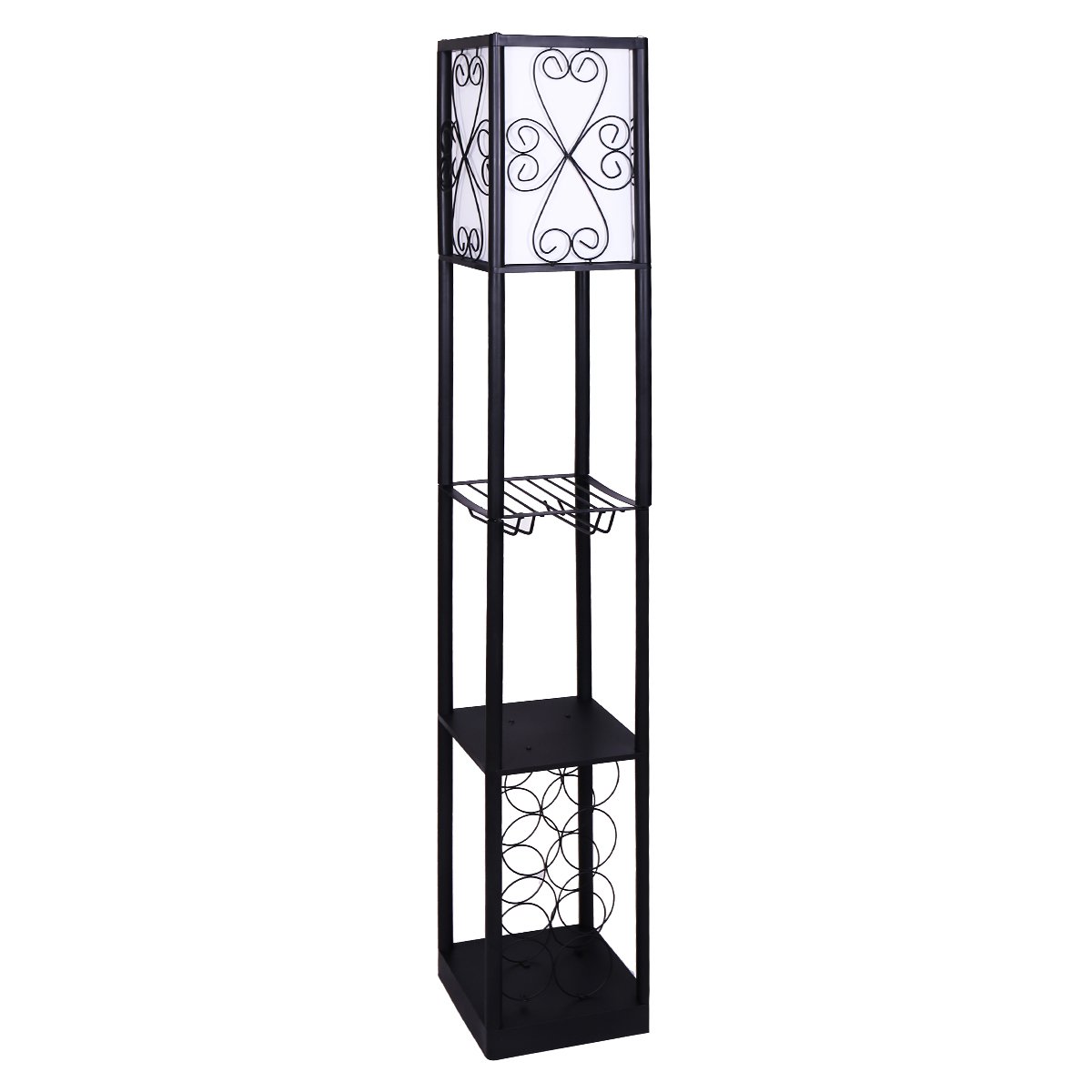A tall freestanding black metal floor lamp with wine holder shelves and scrollwork detail.