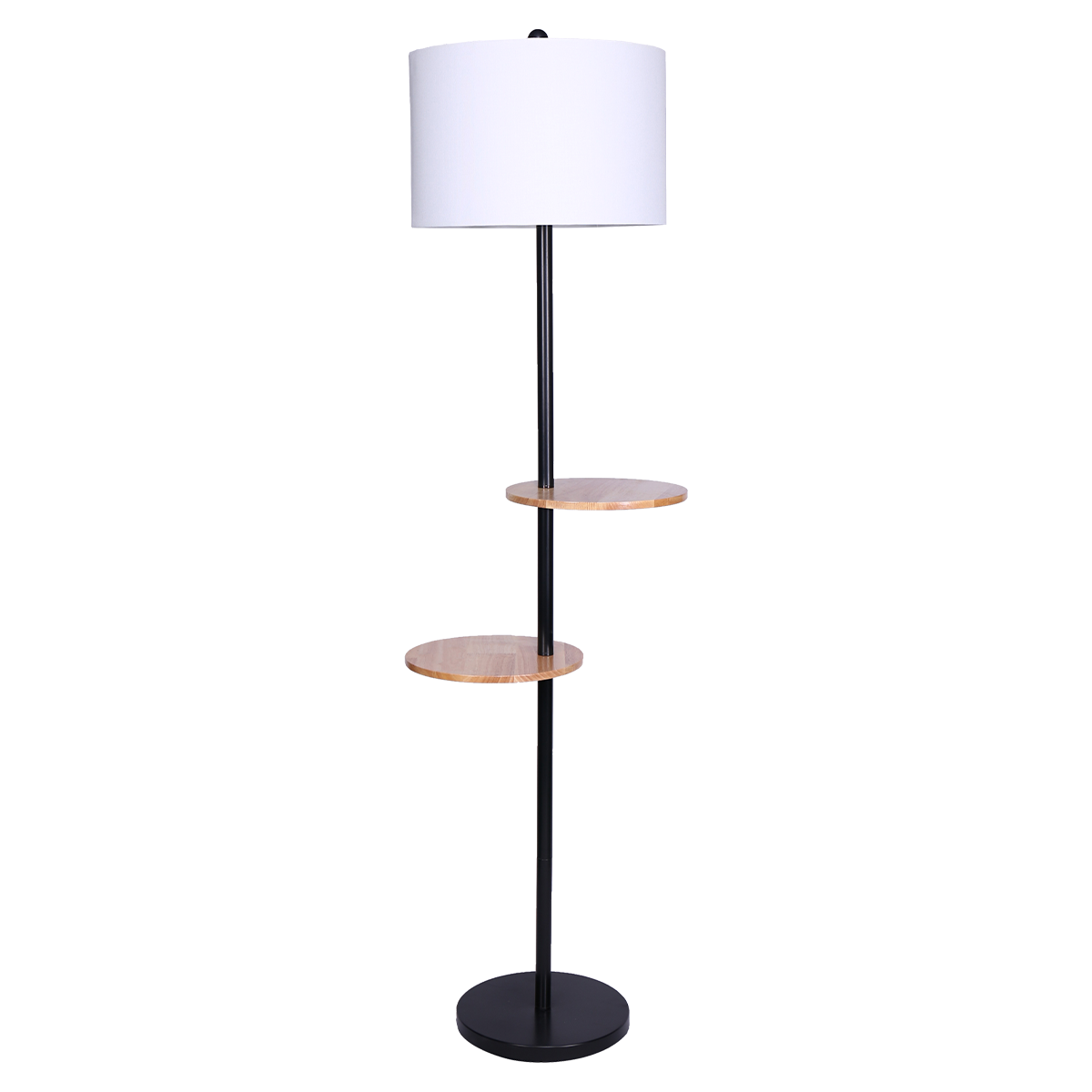 A floor lamp with a white drum shade, black post, and round wood shelves.
