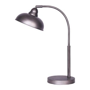 A dark grey metal task table lamp with an adjustable dome shade, on a round base, with a 1.5-meter cord.